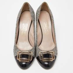 Salvatore Ferragamo Black/Grey Leather and Tweed Buckle Detail Pumps Size 39.5