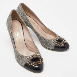 Salvatore Ferragamo Black/Grey Leather and Tweed Buckle Detail Pumps Size 39.5