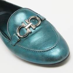 Pre Owned Salvatore Ferragamo Metallic Blue Leather Gancini Loafers Size 38.5