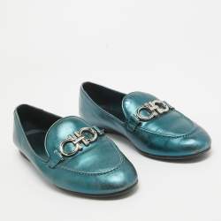 Pre Owned Salvatore Ferragamo Metallic Blue Leather Gancini Loafers Size 38.5