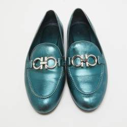 Pre Owned Salvatore Ferragamo Metallic Blue Leather Gancini Loafers Size 38.5