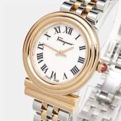 Pre Owned Salvatore Ferragamo White Two-Tone Stainless Steel Gancini SFMV00422 Women's Wristwatch 28 mm