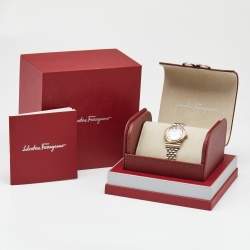 Pre Owned Salvatore Ferragamo White Two-Tone Stainless Steel Gancini SFMV00422 Women's Wristwatch 28 mm