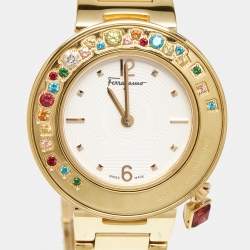 Pre Owned Salvatore Ferragamo White Rose Gold Plated Stainless Steel Gancino FF5020013 Women's Wristwatch 36 mm