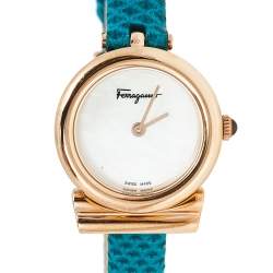 Pre Owned Salvatore Ferragamo Mother of Pearl Rose Gold Plated Stainless Leather Gancino SFIK00319 Women's Wristwatch 22 mm