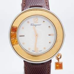 مملوكة مسبقًا Salvatore Ferragamo White Two-Tone Stainless Steel Embossed Leather Gancino F64SBQ9801/S012 Women's Wristwatch 36 mm
