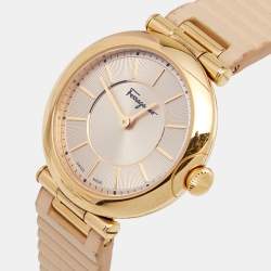 مملوكة مسبقًا Salvatore Ferragamo Beige Gold Plated Stainless Steel Leather FIN020015 Women's Wristwatch 36 mm