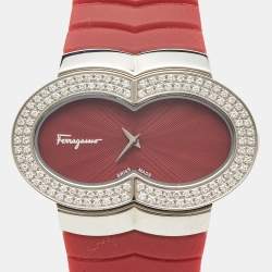 Pre Owned Salvatore Ferragamo Red Diamond Stainless Steel Rubber Assoluto F59 Women's Wristwatch 40 mm 