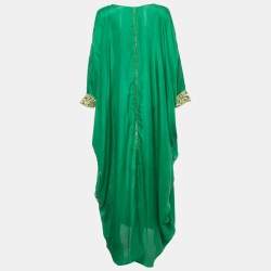 Pre Owned Sana Osmani Green Silk Laser Cut Detail Paros Maxi Kaftan One Size
