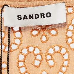 Pre Owned Sandro Apricot Orange  Broderie Anglaise Cotton Blend Puff Sleeves Blouse XL