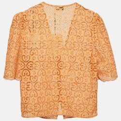 Pre Owned Sandro Apricot Orange  Broderie Anglaise Cotton Blend Puff Sleeves Blouse XL