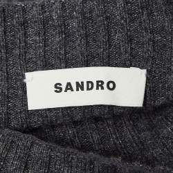 Pre Owned Sandro Grey Rib Knit Buttoned Ruche Detail Midi Dress XL