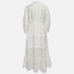 Sandro Ivory White Lace Trim Linen Button Front Midi Dress L