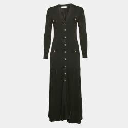 Sandro Black Rib Knit Button Front Full Sleeve Midi Dress L
