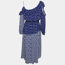 Sandro Blue Lightning Bolt Print Crepe Cold-Shoulder Midi Dress M
