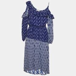 Sandro Blue Lightning Bolt Print Crepe Cold-Shoulder Midi Dress M