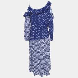 Sandro Blue Lighting Print Crepe Ruffled Cold Shoulder Midi Dress L