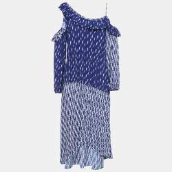 Sandro Blue Lighting Print Crepe Ruffled Cold Shoulder Midi Dress L