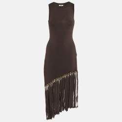 Sandro Brown Knit Fringed Beaded Hem Bodycon Dress S