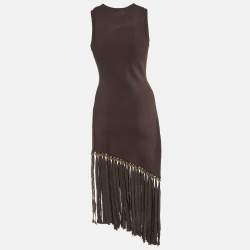 Sandro Brown Knit Fringed Beaded Hem Bodycon Dress S