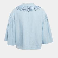 Sandro Blue Striped Linen Blend Lace Collar Tim Top L