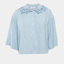 Sandro Blue Striped Linen Blend Lace Collar Tim Top L
