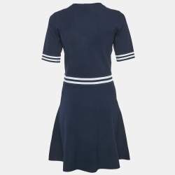 Pre Owned Sandro Navy Blue Knit Striped Band Dettail Mini Dress M