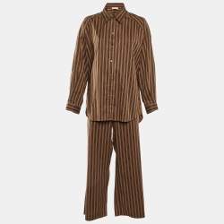 Pre Owned Sandro Brown Striped Embellished Cotton Shirt & Pants Set XL