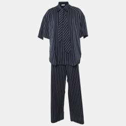 Pre Owned Sandro Midnight Blue Stripe Cotton Rhinestone Embellished Shirt and Pants Set XL