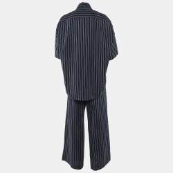 Pre Owned Sandro Midnight Blue Stripe Cotton Rhinestone Embellished Shirt and Pants Set XL