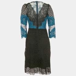 Pre Owned Sandro Teal/Black Lace Midi Dress L