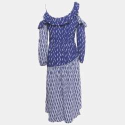 Pre Owned Sandro Blue Lightning Bolt Print Crepe Cold Shoulder Midi Dress S 
