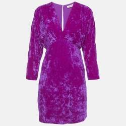 مملوكة مسبقًا فستان ساندرو فوشيا من المخمل بياقة على شكل V قصير حجم صغير