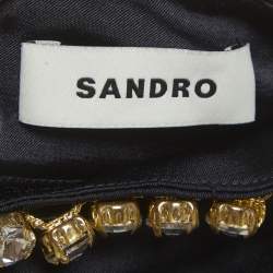 Pre Owned فستان ساندرو أزرق كحلي ساتان مرصع ميدي حجم صغير