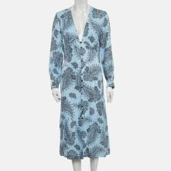 Pre Owned Sandro Blue Printed Silk Blend Button Front Dress M