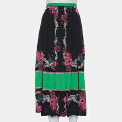 Sandro Black & Green Printed Chiffon Pleated Midi Skirt L