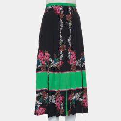 Sandro Black & Green Printed Chiffon Pleated Midi Skirt L