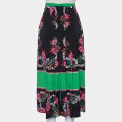 Sandro Black & Green Printed Chiffon Pleated Midi Skirt L