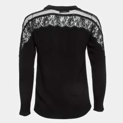 Pre Owned Sandro Black Lace Trim Crepe Crew Neck Top S