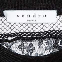 Pre Owned Sandro Black Lace Trim Crepe Crew Neck Top S