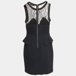 Pre Owned Sandro Black Lace And Crepe Peplum Mini Dress M