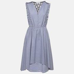 Sandro Blue Stripe Lace Trim Cotton Mid Dress L