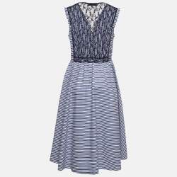 Sandro Blue Stripe Lace Trim Cotton Mid Dress L