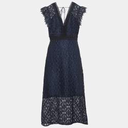 Pre Owned Sandro Navy Blue Emeline Lace Midi Dress S