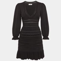 Pre Owned Sandro Black Pointelle Knit Ruffled Mini Dress XS