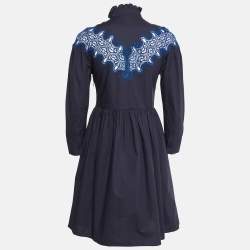 Pre Owned Sandro Navy Blue Cotton Lace Trim Ruffled Collar Mini Dress XS