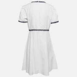 Pre Owned Sandro White Textured Crepe Trim Detail Mini Dress L
