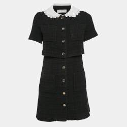 Pre Owned Sandro Black Lace Collar Trim Tweed Mini Dress S