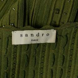Pre Owned Sandro Green Beads Embroidered Knit Sleeveless Flared Mini Dress XS 