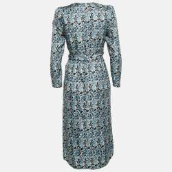 Pre Owned Sandro Blue Floral Print Silk Draped Midi Dress XS